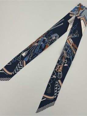Hermes Bouquets Selliers Twilly Marine Navy Blue Beige Silk Ribbon